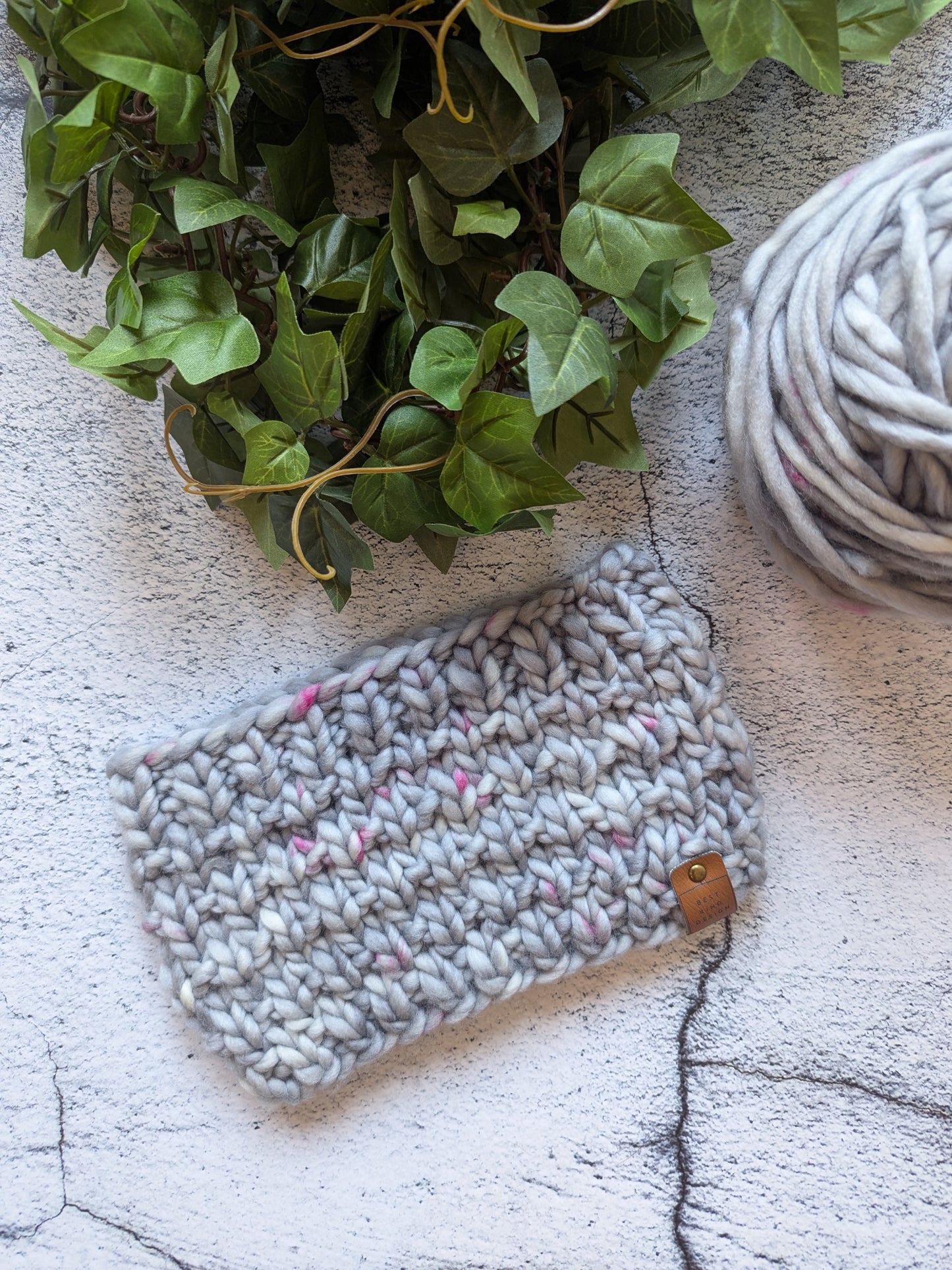 'Hearts Poppin" Luxury Chunky Headband Ear Warmer Gray with Pink