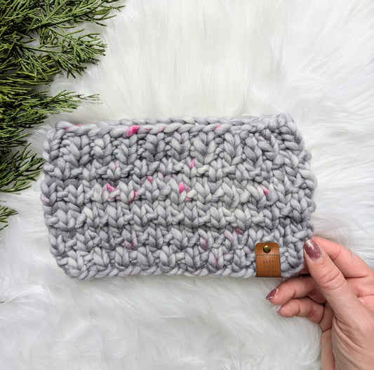 'Hearts Poppin" Luxury Chunky Headband Ear Warmer Gray with Pink